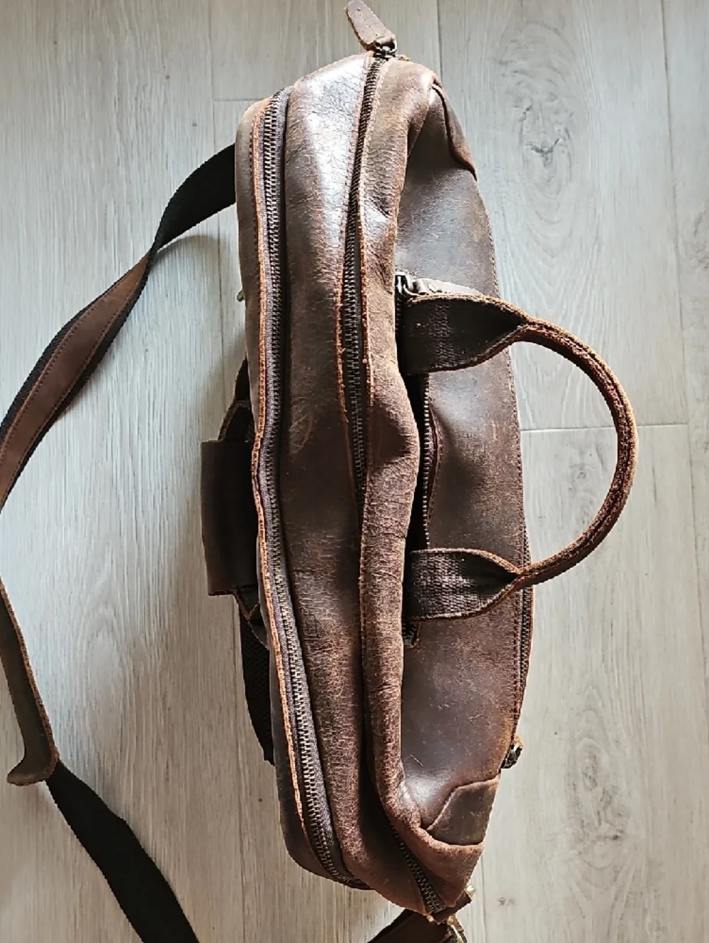 Distressed Brown Leather Laptop Messenger Bag with Shoulder Strap